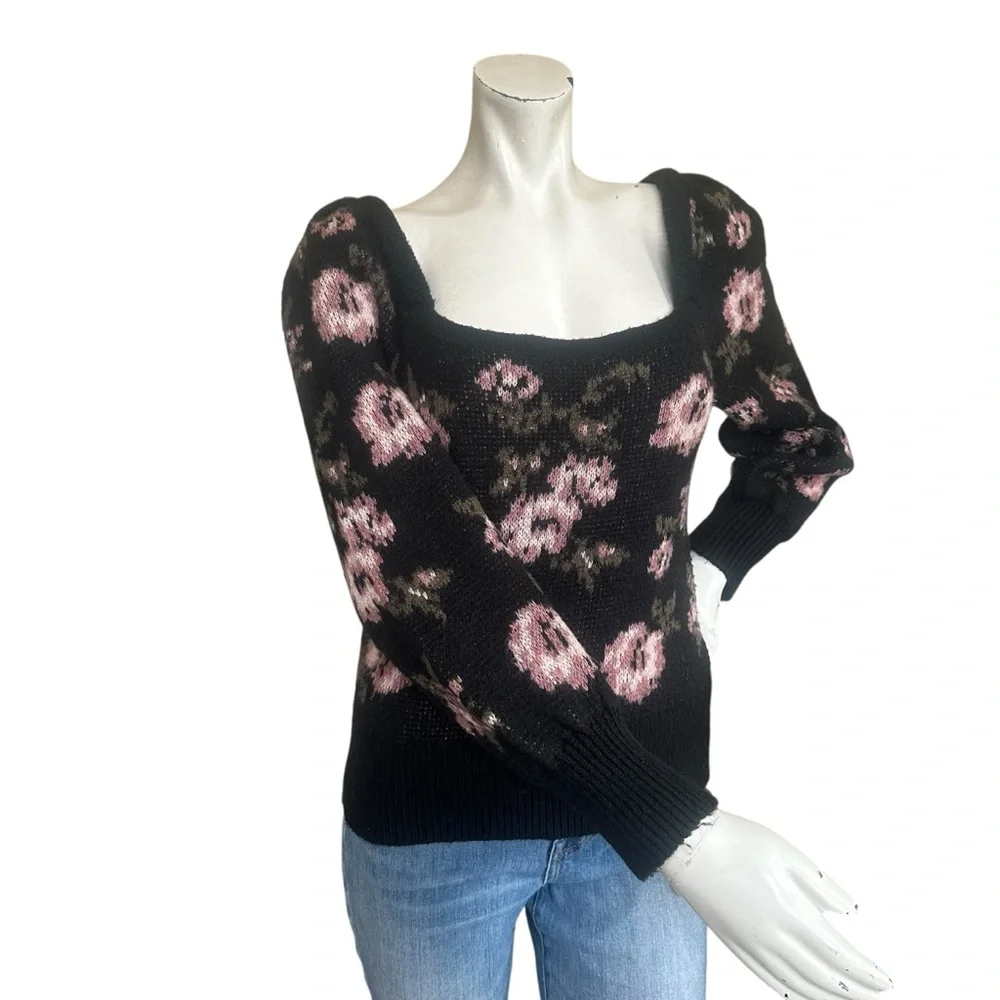 Anthropologie Black & Pink Floral Print Square Neck Fuzzy Puff Sleeve Sweater